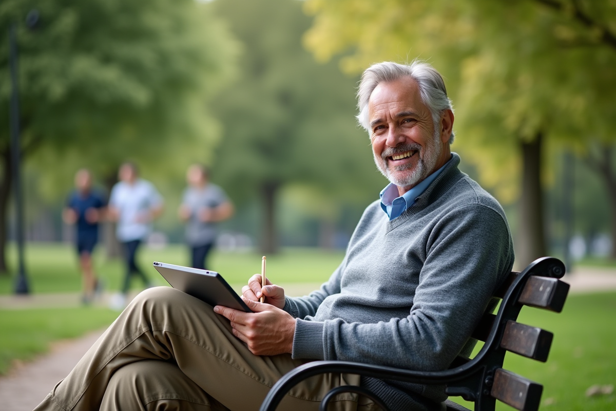 Homme âgé souriant dans un parc avec tablette et carnet