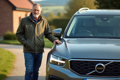 Homme souriant à côté d'un SUV moderne en campagne