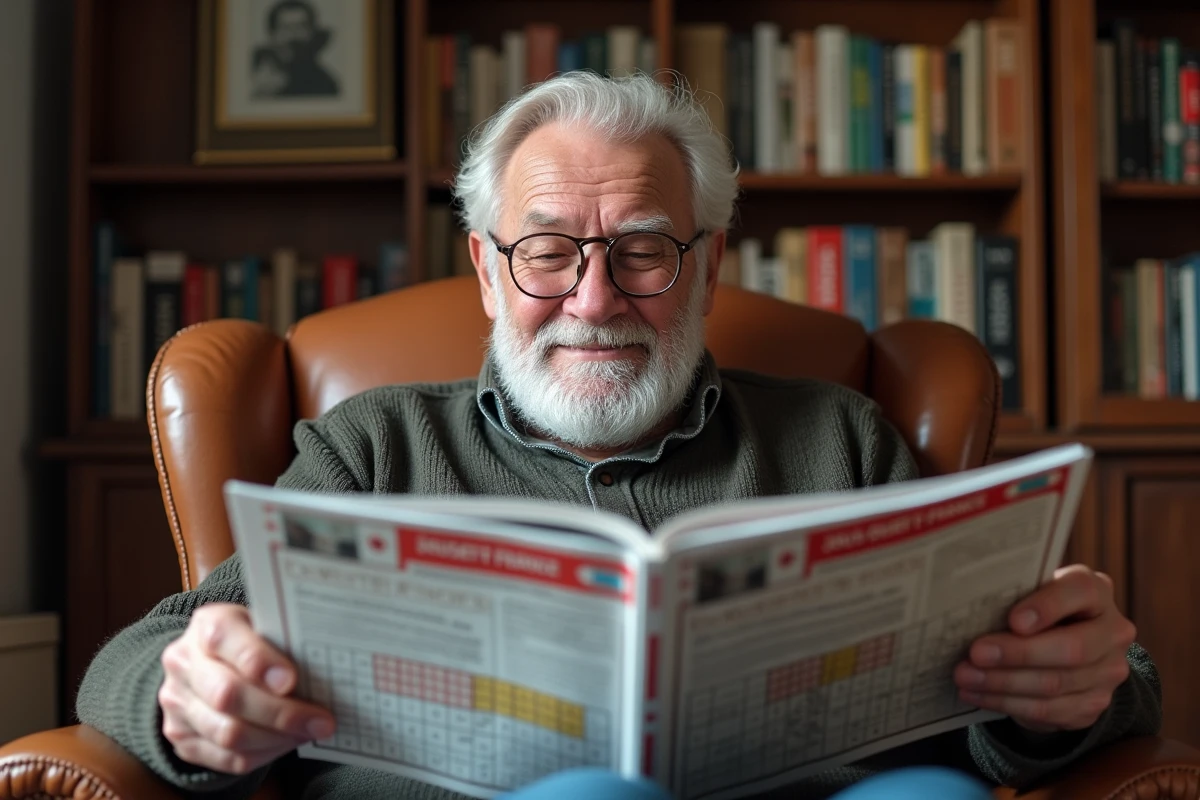 Homme âgé concentré sur une grille de mots fléchés du magazine Jeux Ouest-France dans son salon