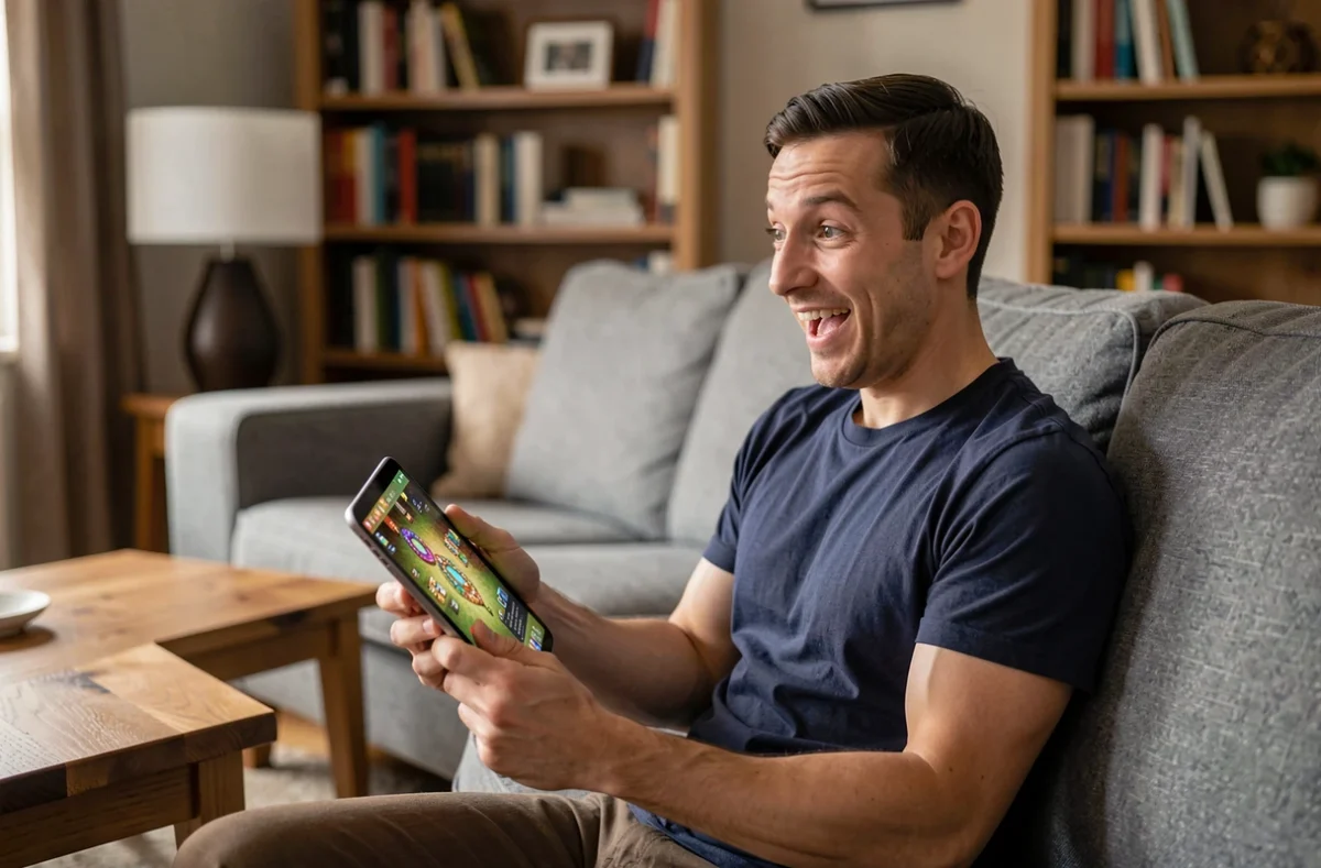 Homme excité récupérant des récompenses gratuites sur une application de jeu de plateau en ligne