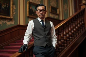 Homme victorien élégant sur un escalier en bois