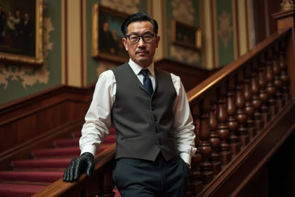 Homme victorien élégant sur un escalier en bois