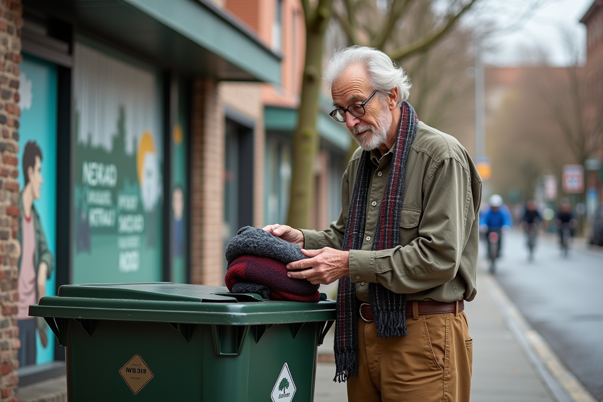 Homme âgé déposant un pull dans une benne à vêtements