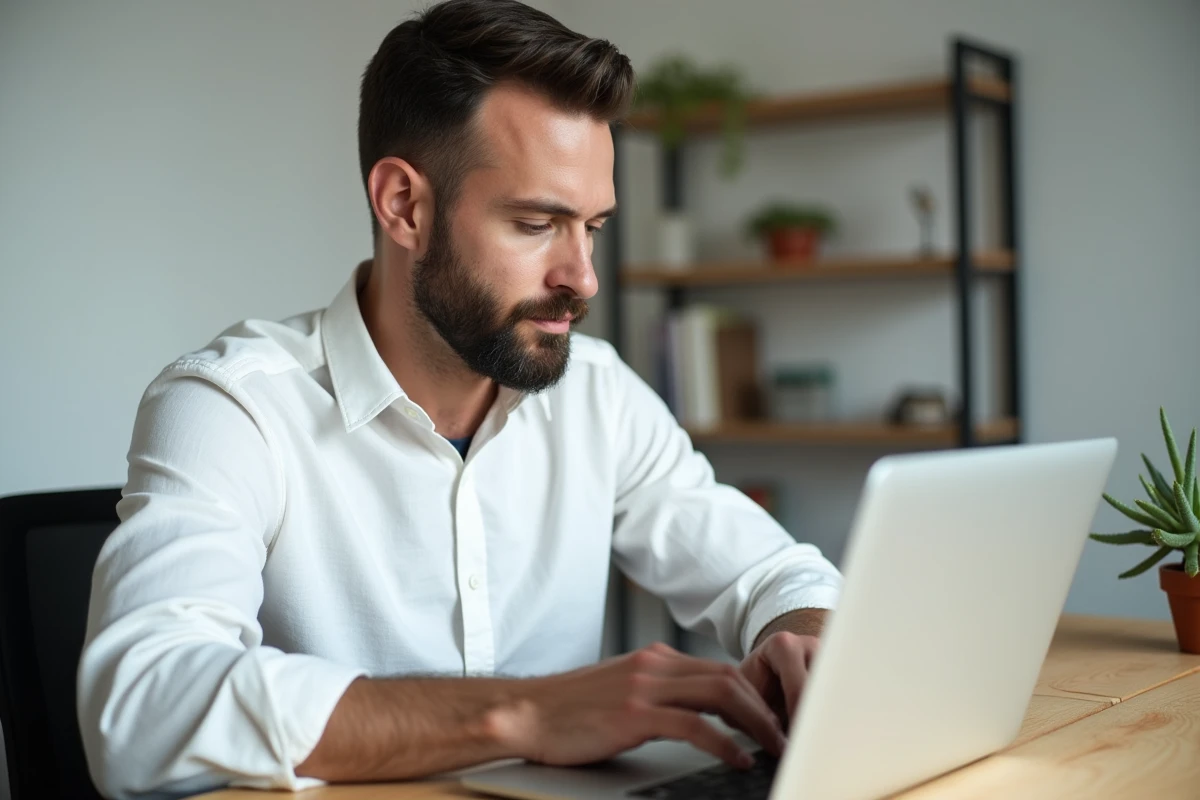 Homme barbu concentré rédigeant un message de vœux pour le Ramadan sur un ordinateur portable dans un bureau minimaliste