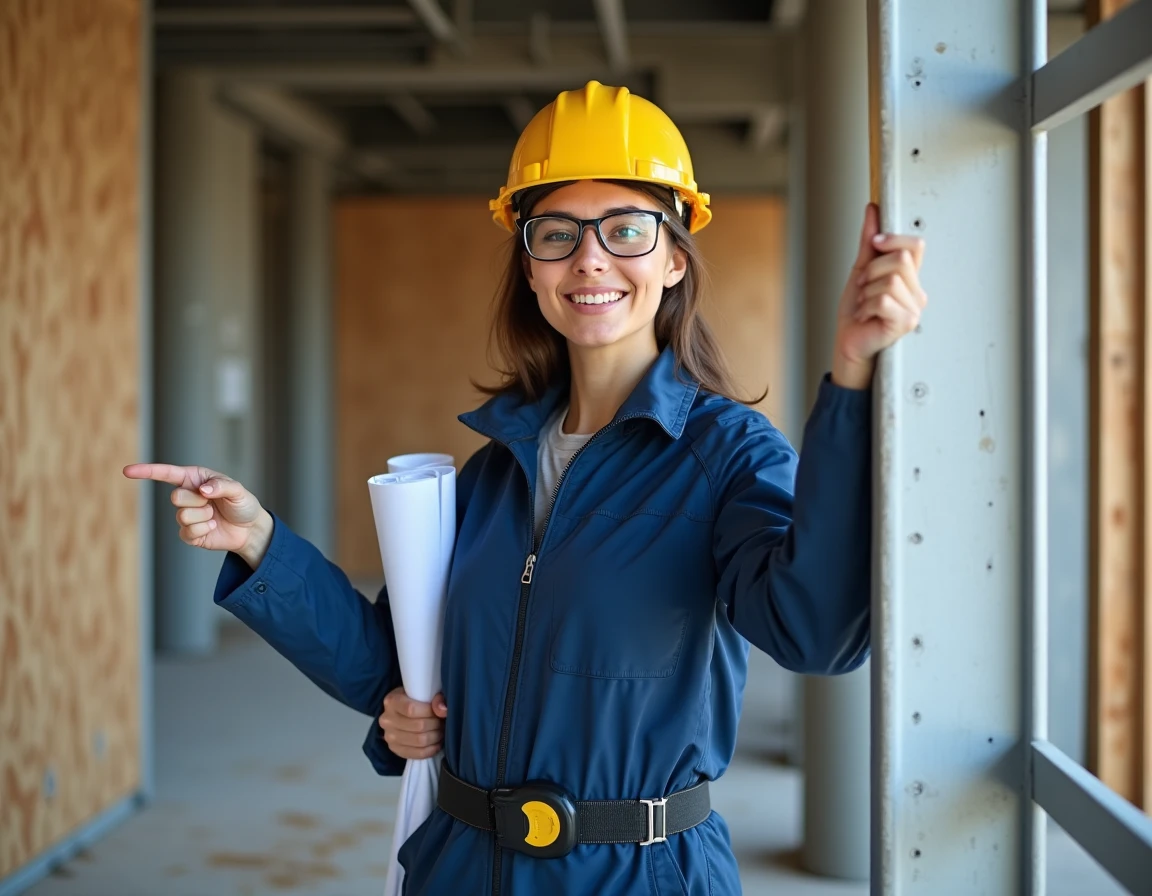 Ingénieure en structure analysant l'assemblage d'un profilé IPN et d'un acier en U sur un chantier de construction