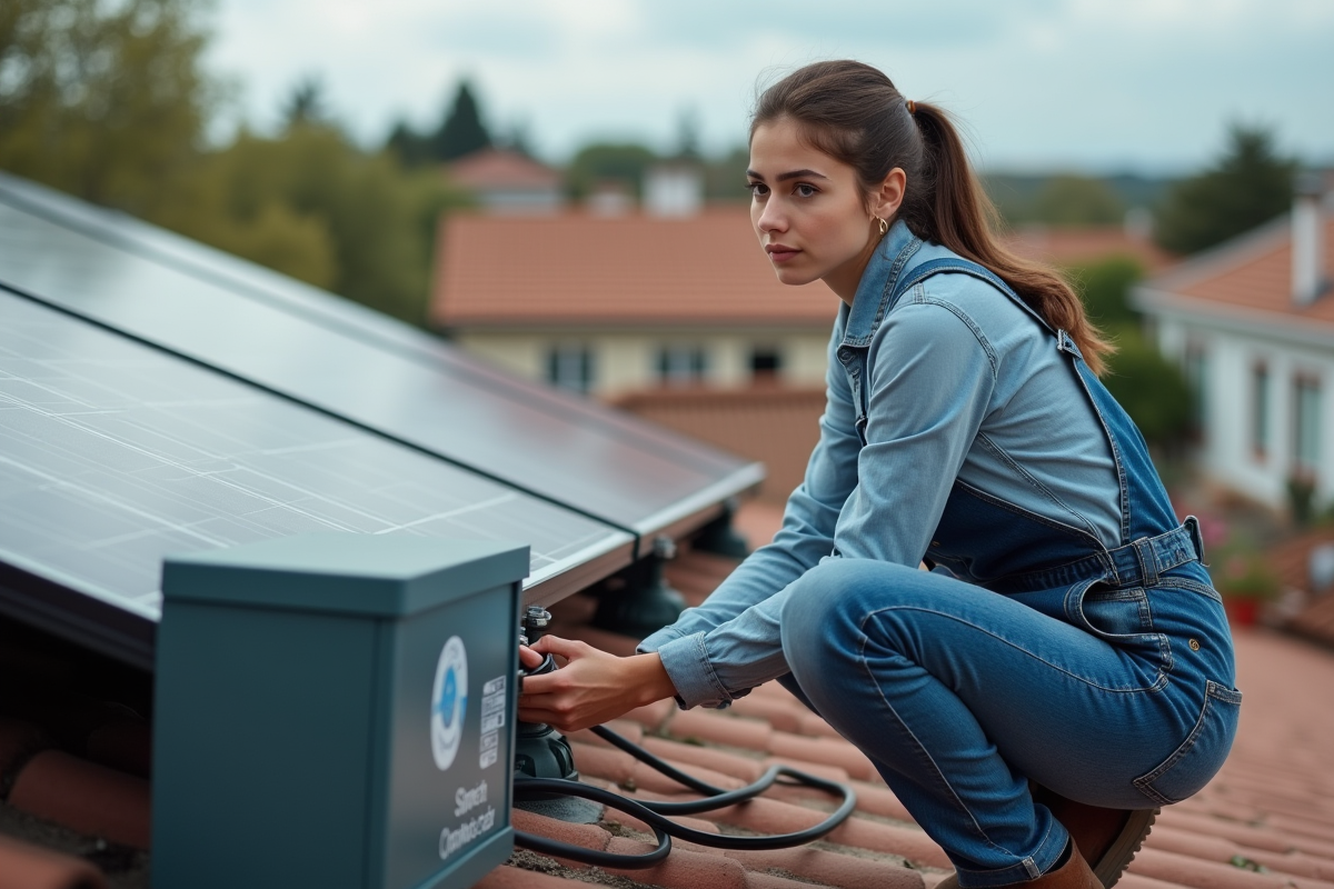 Jeune femme connectant une batterie solaire sur le toit