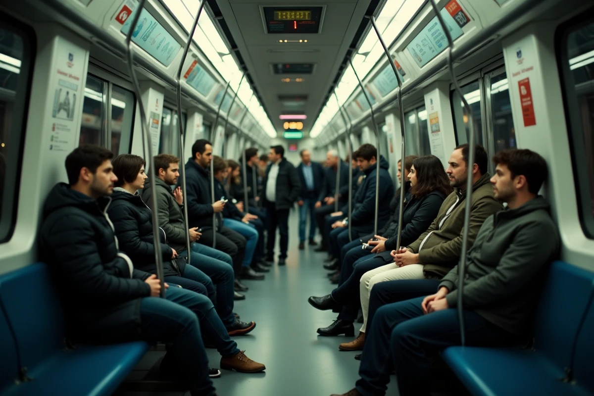 Intérieur d'une rame de la ligne 9 du métro parisien bondée de passagers en heure de pointe