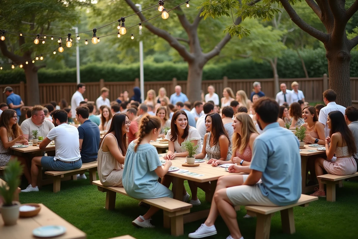 Grand comité de vingt personnes jouant au jeu du Palmier lors d'une fête en plein air dans un jardin