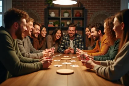 Groupe d'adultes jouant au jeu du Palmier autour d'une grande table en bois dans un salon chaleureux