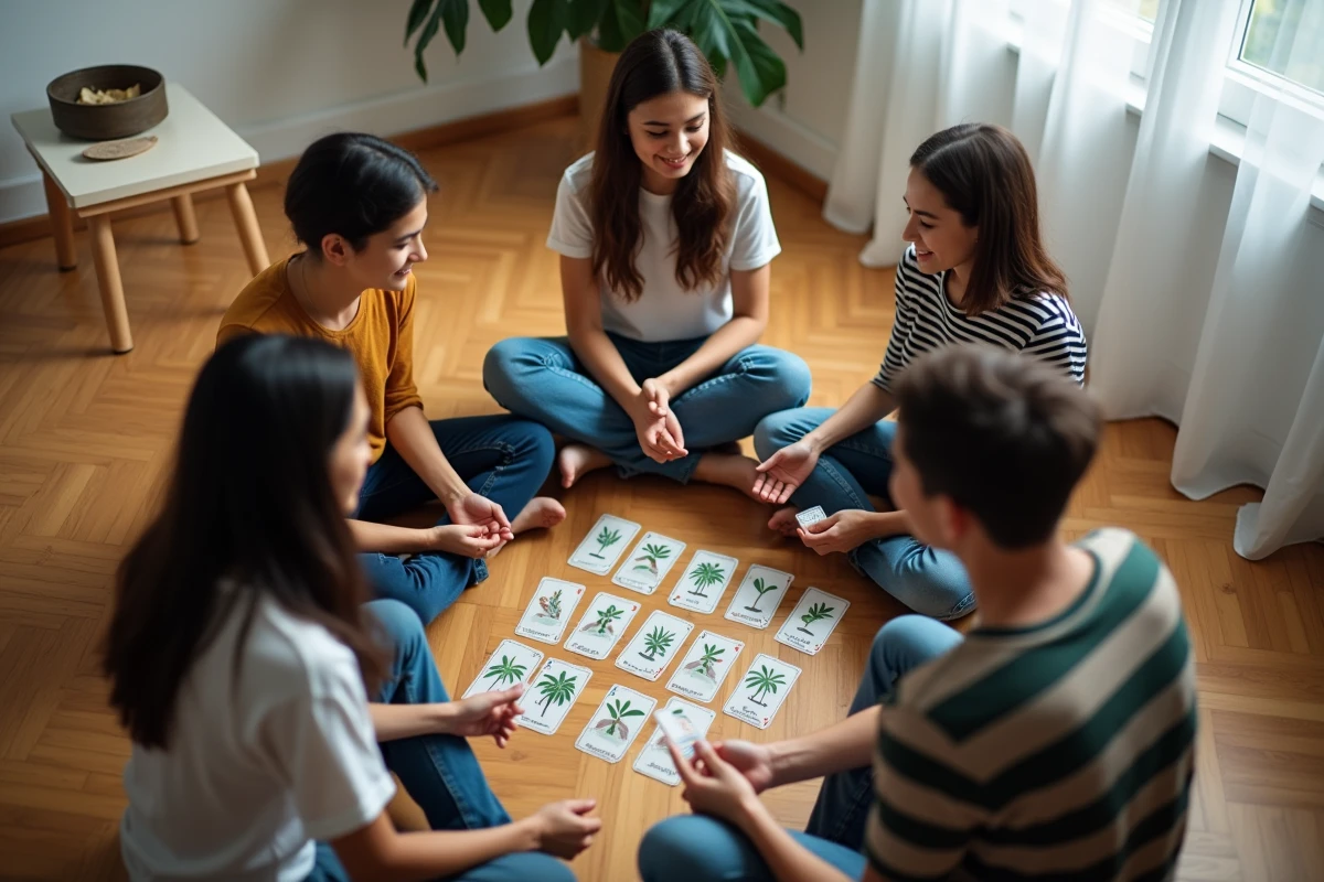 Petit groupe de quatre amis jouant au jeu du Palmier assis sur un parquet dans un appartement moderne