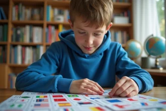 Jeune garçon en hoodie bleu arrangeant des flashcards de pays