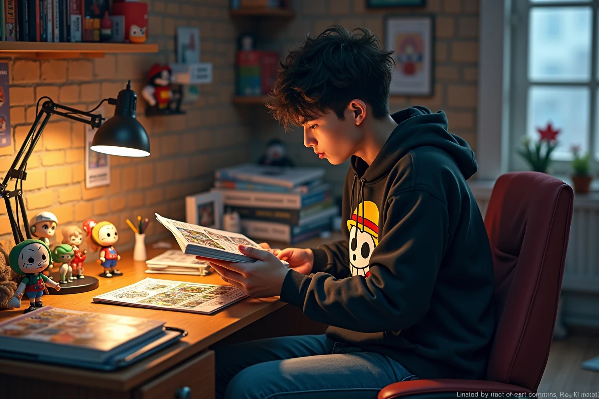 Jeune fan de One Piece lisant manga dans sa chambre