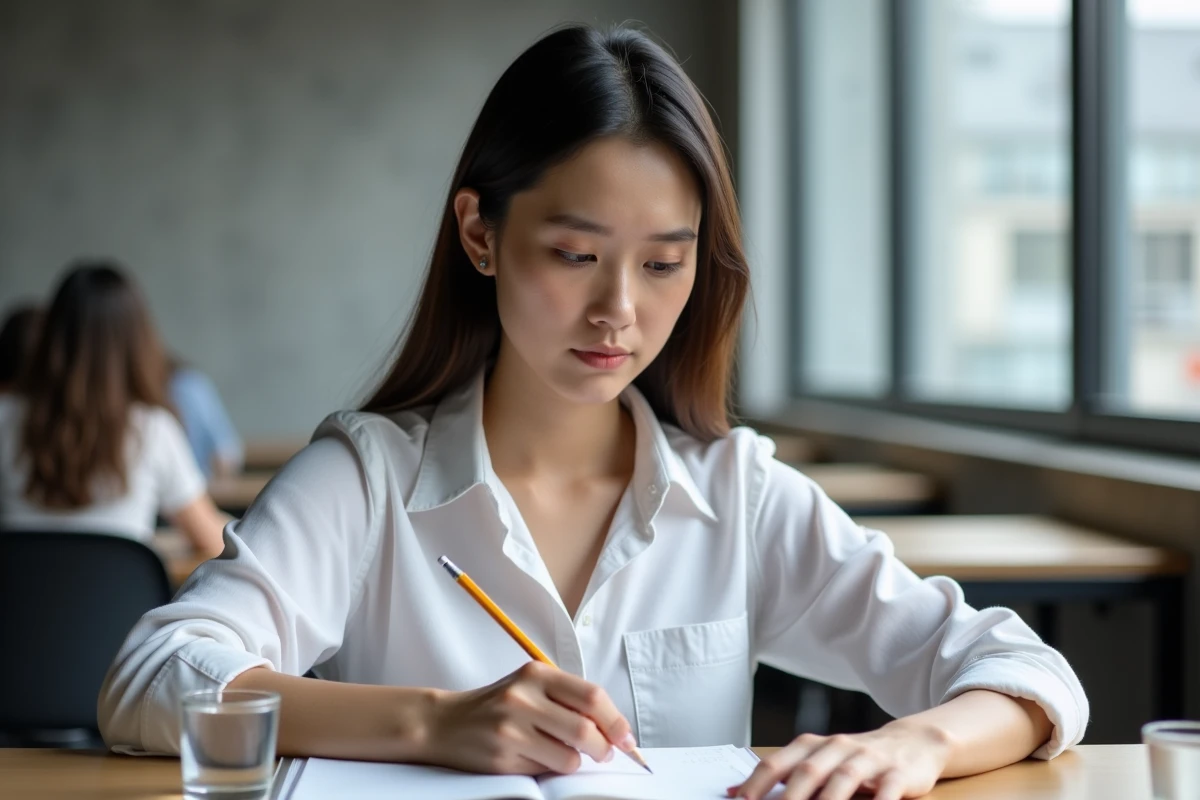Jeune femme étudiant du vocabulaire dans un espace de coworking moderne, illustrant l'apprentissage du mot s'amenuiser