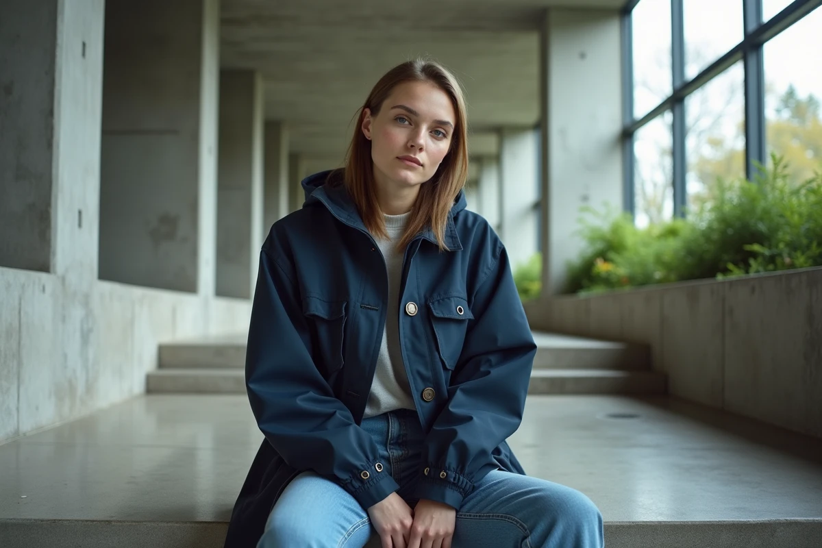 Jeune femme assise sur marches en béton brut
