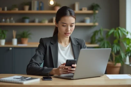 Jeune femme professionnelle utilisant un ordinateur portable dans un bureau moderne