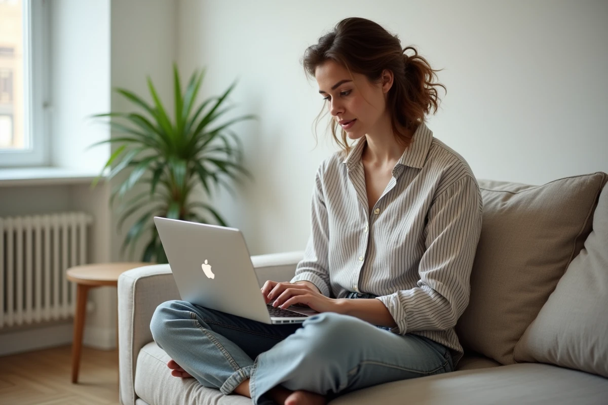 Jeune femme sur canapé utilisant un raccourci clavier pour écrire un È accent grave en majuscule