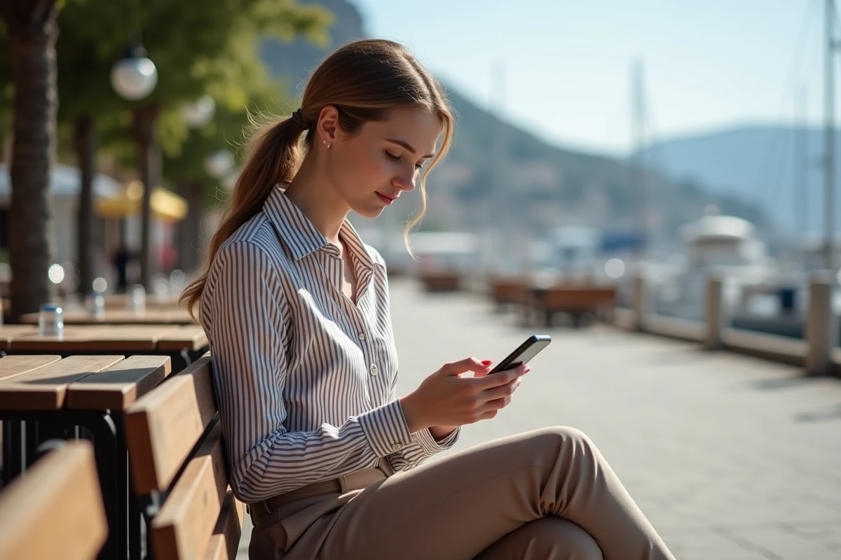 Jeune femme assise sur un banc à Cannes en regardant son téléphone