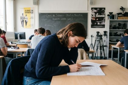 Jeune femme réfléchissant dans un cadre cinématographique à Lyon