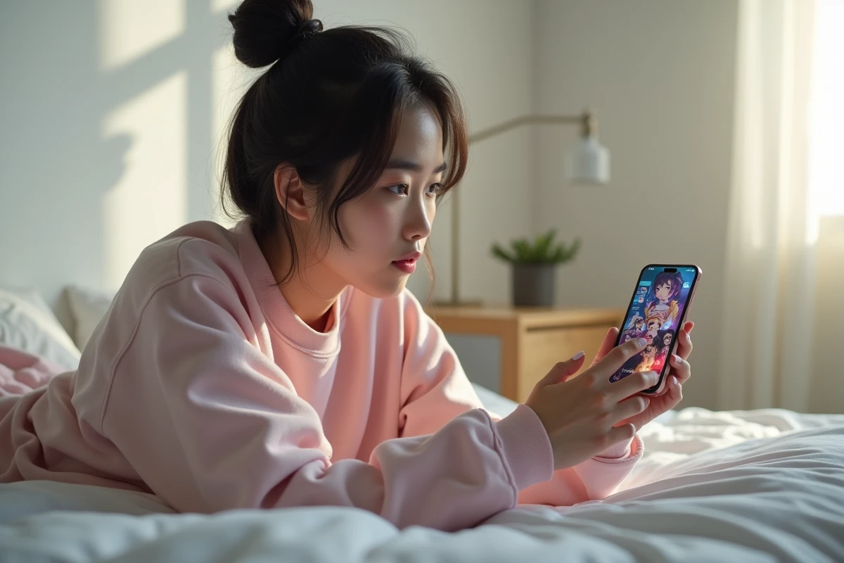 Jeune femme utilisant des codes Anime Adventures sur smartphone allongée sur son lit dans une chambre moderne