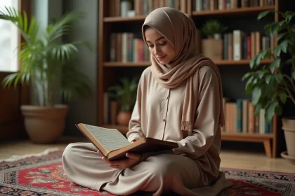 Jeune femme en hijab lisant le Quran dans un salon chaleureux