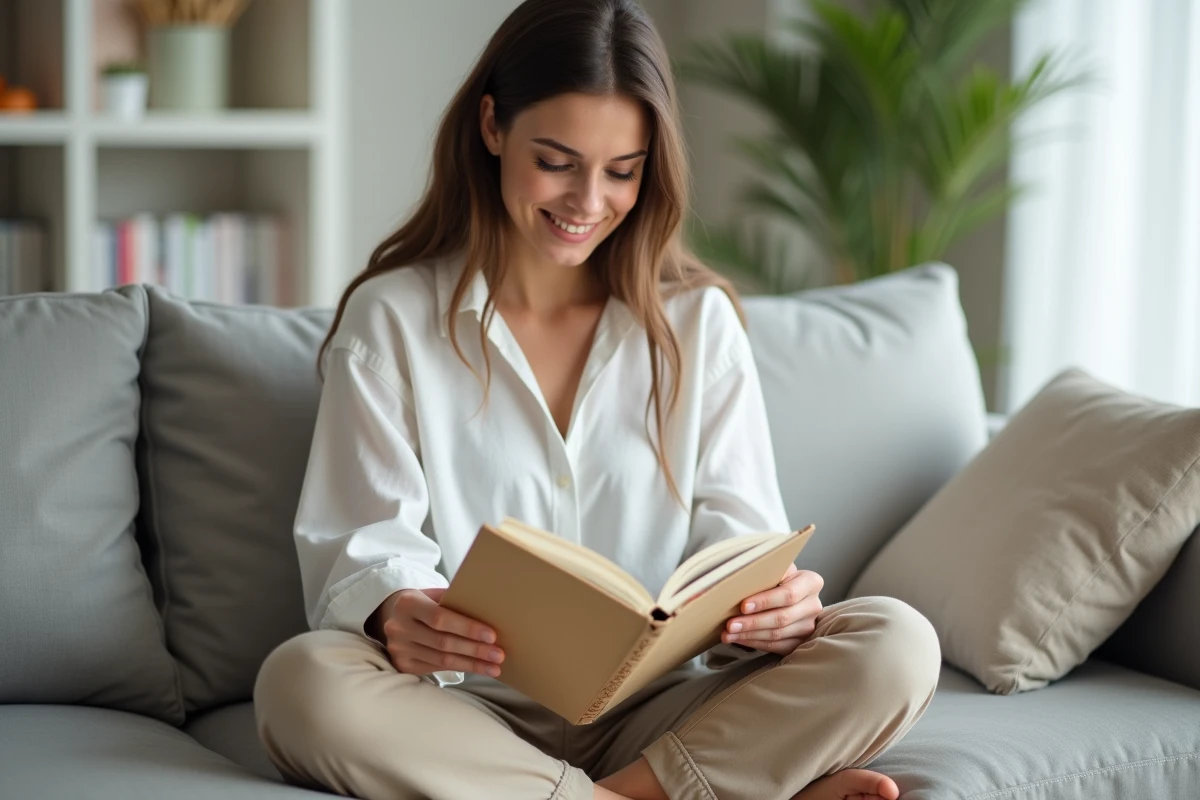 Jeune femme lisant un livre de grammaire française sur un canapé gris, cherchant la règle d'orthographe entre mis et mit