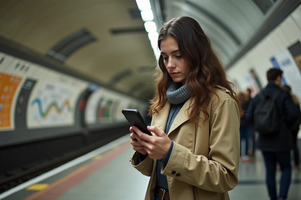 Jeune femme dans le métro de Paris vérifiant son smartphone