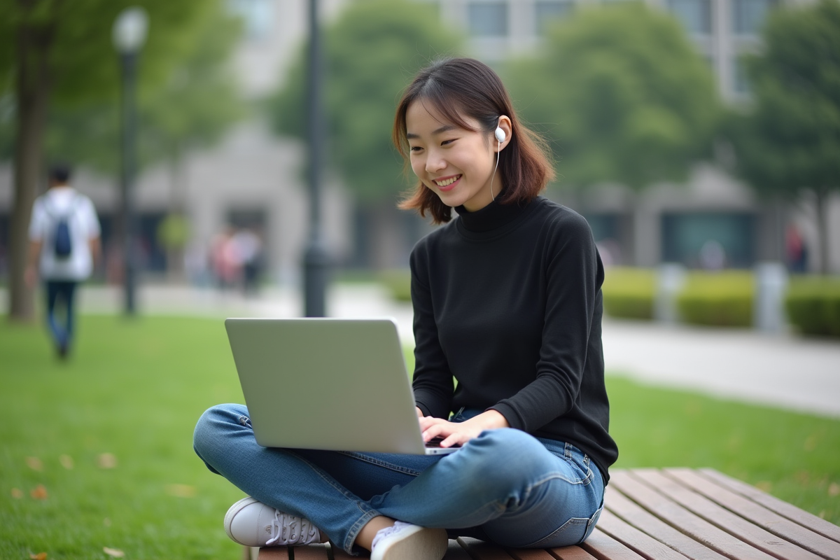 Jeune femme asiatique tapant du code dans un parc urbain