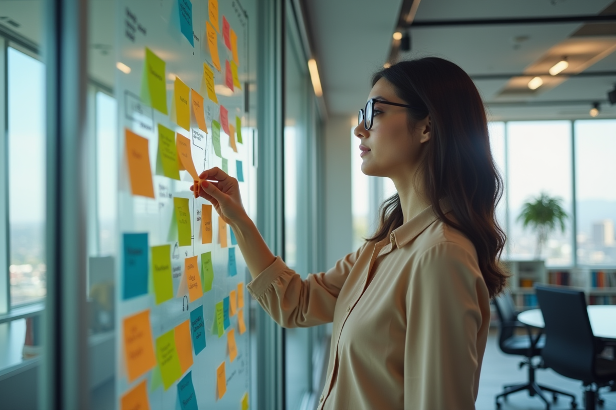 Jeune femme en blouse interagit avec des notes autocollantes sur un mur