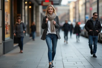 Jeune femme élégante en ville ajustant son foulard