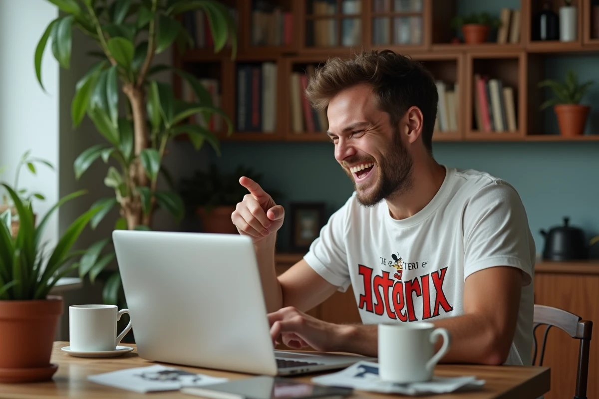 Jeune homme en t-shirt Astérix riant devant son ordinateur