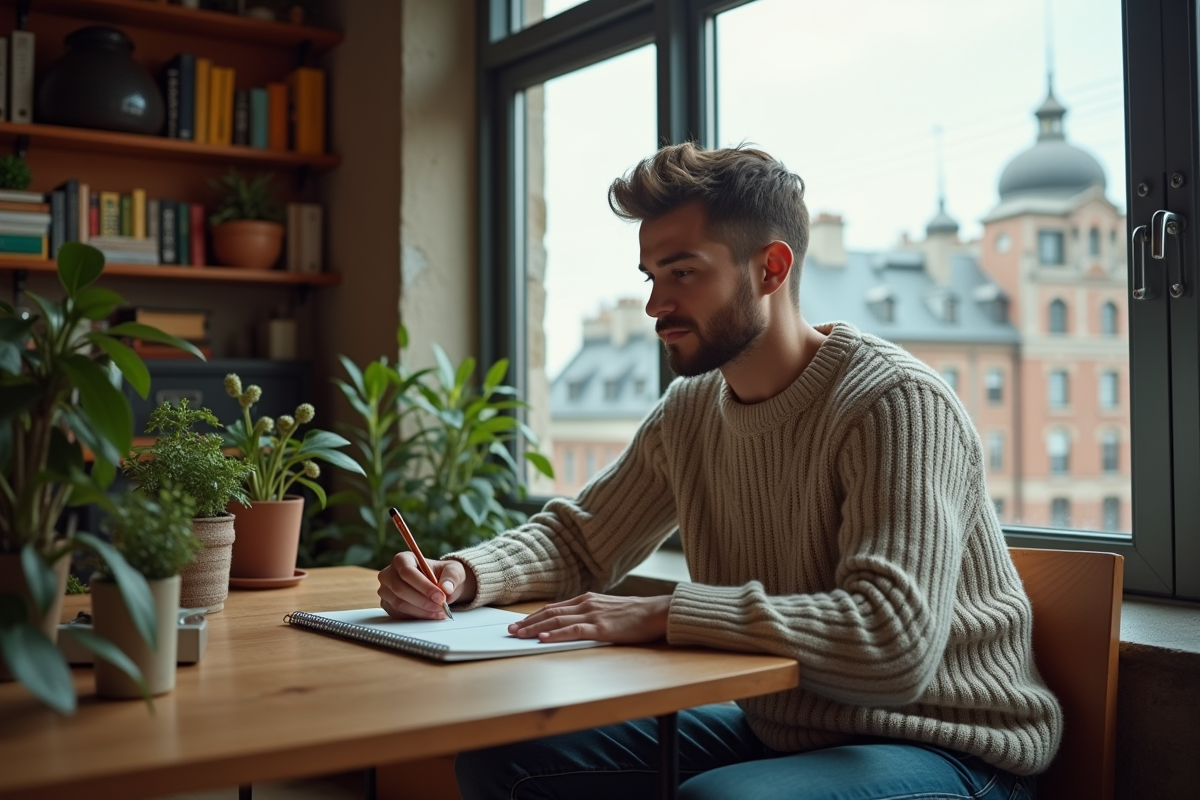 Jeune homme écrivant dans un carnet dans un espace de travail en attic