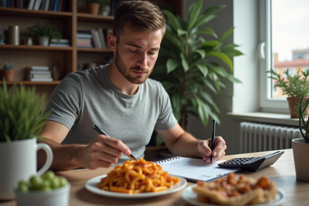 Jeune homme comptant calories d un plat de pâtes