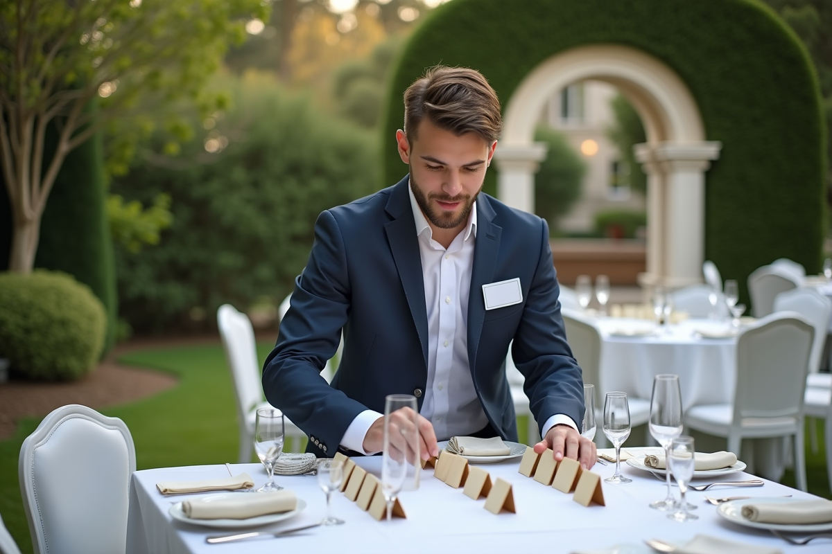 Jeune homme arrangeant des cartes de place dans un jardin