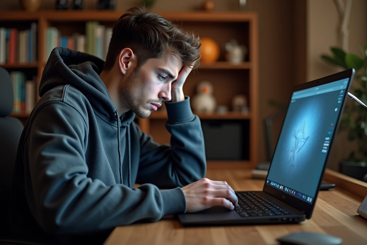 Jeune homme frustré devant son ordinateur portable