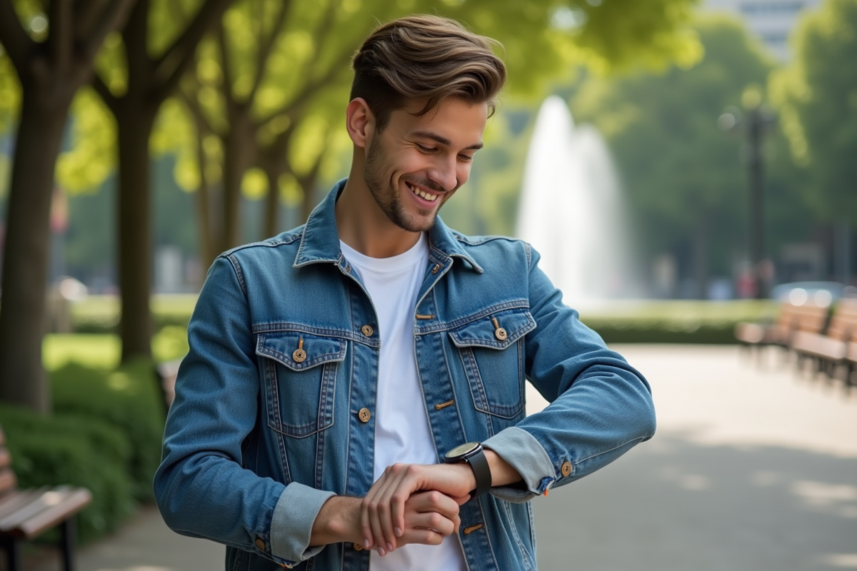 Jeune homme ajustant une montre en parc urbain
