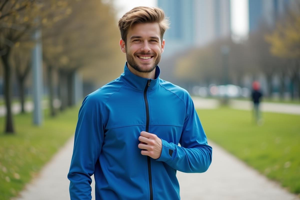Jeune homme souriant en veste de sport polyester dans un parc