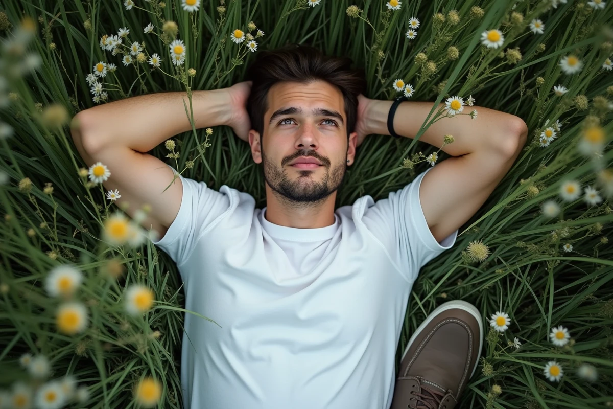 Jeune homme allongé dans une prairie de fleurs sauvages vu du dessus, évoquant la méditation sur l'instant présent et la signification de carpe diem