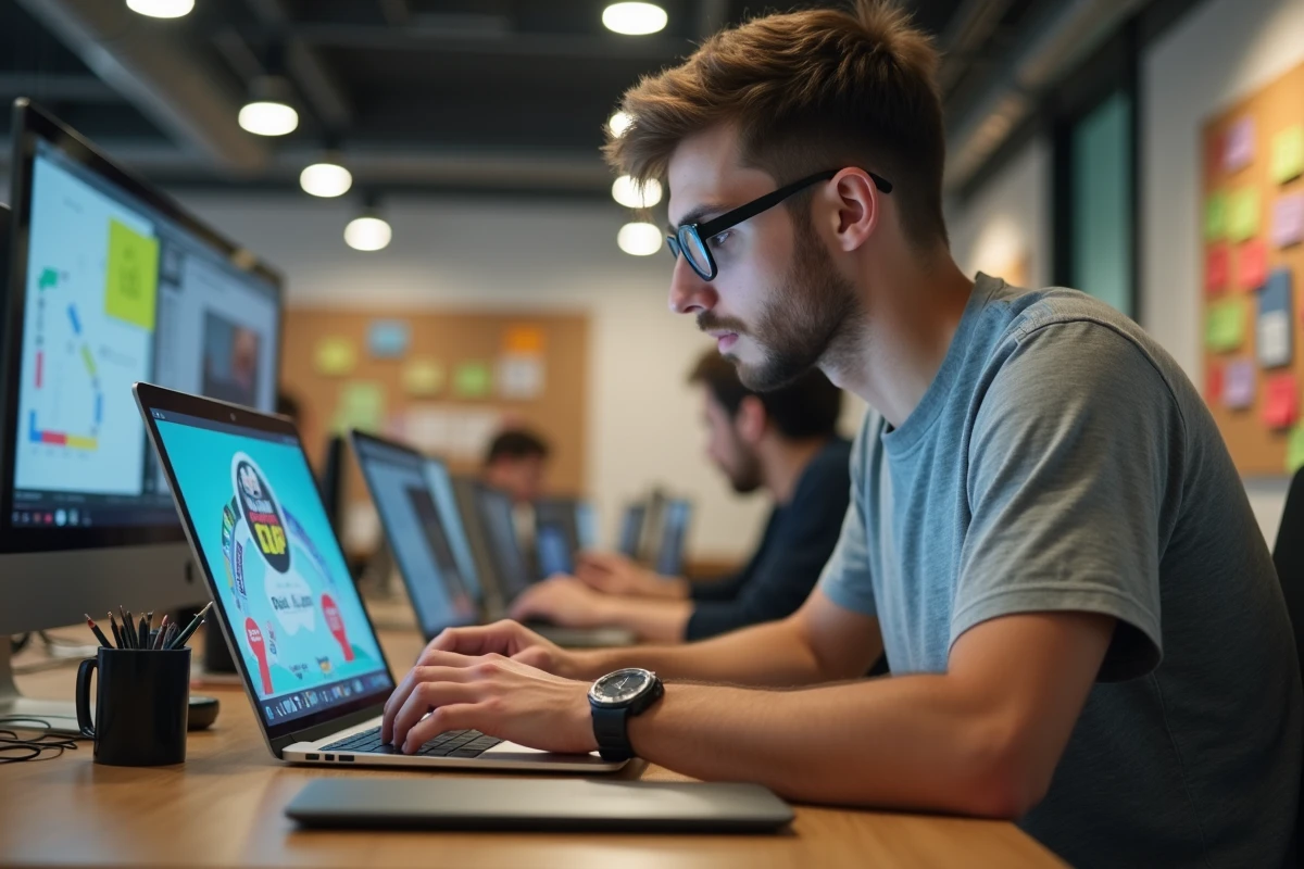 Jeune homme travaillant sur ordinateur dans un espace de coworking dynamique