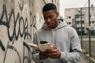 Jeune rappeur du Val-d'Oise étudiant ses paroles devant un mur tagué dans une cité de banlieue parisienne