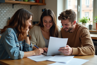 Trois jeunes adultes autour d'une table de cuisine moderne