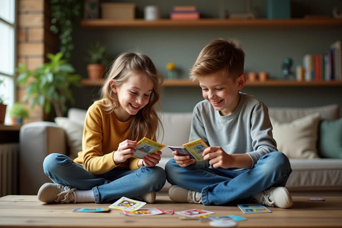 Adolescents échangeant des cartes Pokémon dans un salon chaleureux