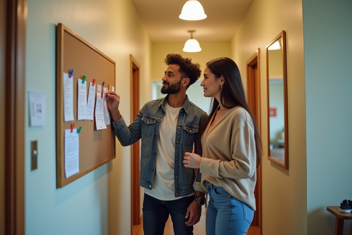 Jeune homme et femme épinglant des factures dans un couloir