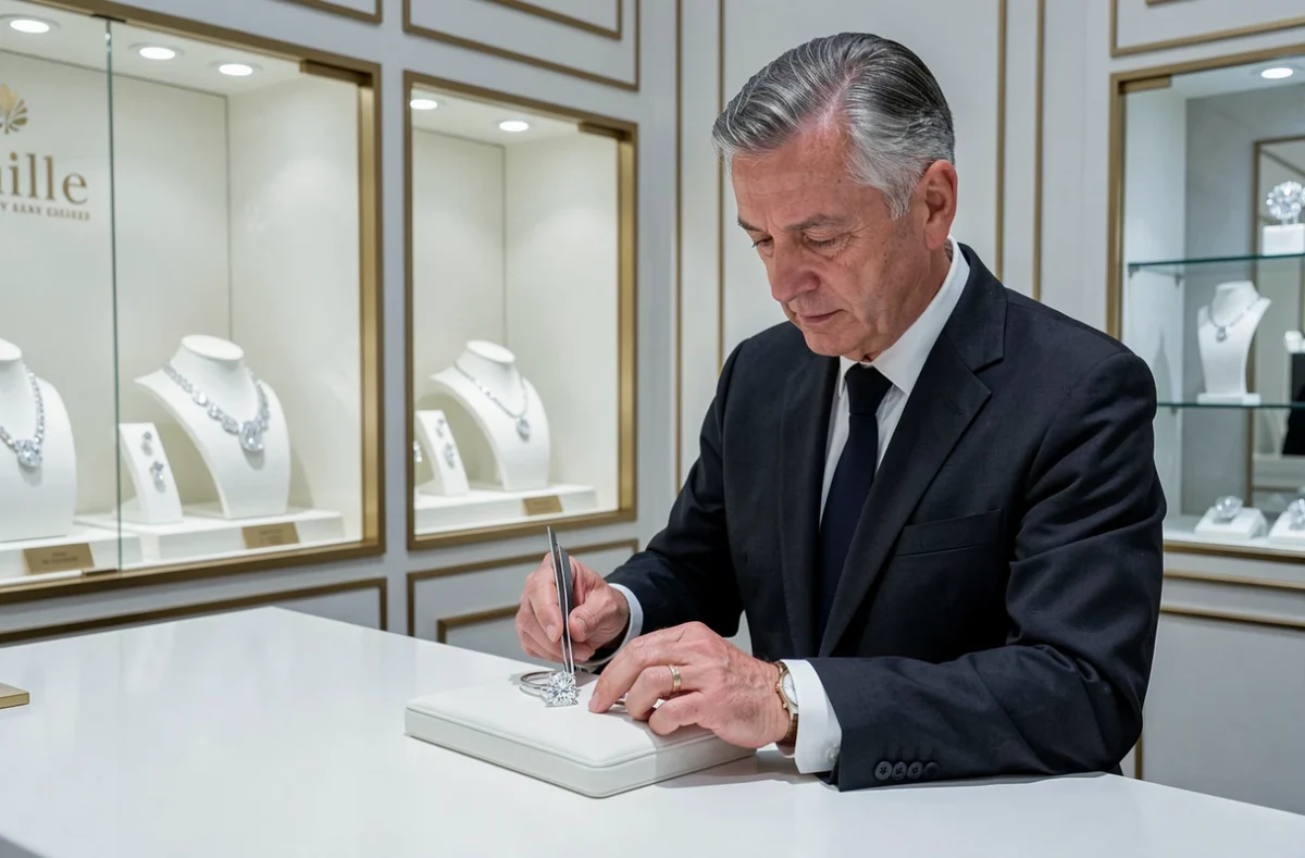 Diamantaire de la Joaillerie Perreux Compagnie à Lille présentant une bague solitaire avec diamant brillant dans un écrin de velours blanc