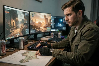 Joueur concentré devant ses écrans étudiant une carte du jeu ARC Raiders pour optimiser sa progression