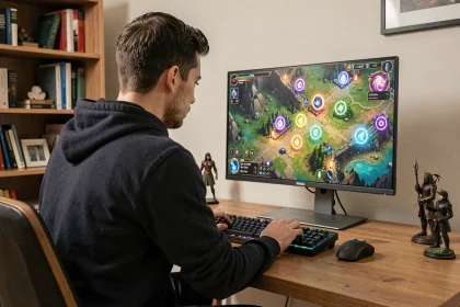 Joueur adulte concentré devant un écran affichant une carte de portails du jeu Dofus 2.0 dans un bureau à domicile