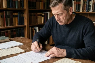 Homme adulte concentré jouant au pendu niveau expert avec grille manuscrite et dictionnaires sur un bureau en bois