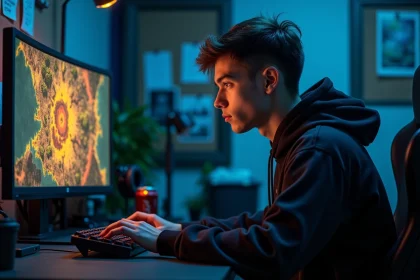 Joueur adulte concentré sur une carte de zones XP dans un jeu RPG fantasy, installé dans un bureau gaming authentique avec notes et équipement