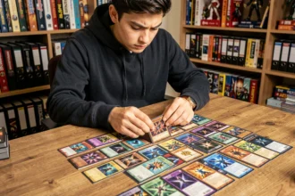 Joueur de Yu-Gi-Oh analysant les synergies cachées de son deck méta sur une table en bois