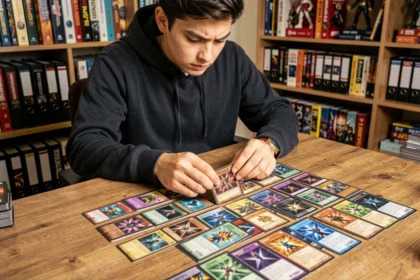 Joueur de Yu-Gi-Oh analysant les synergies cachées de son deck méta sur une table en bois