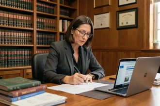 Juriste professionnelle consultant un site de référence en droit de l'histoire du droit français dans un bureau académique